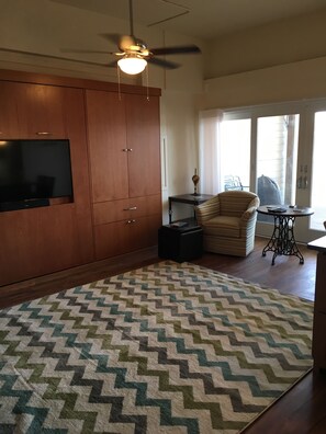 View from the bathroom door. Sliding doors and glass panels offer a great view.