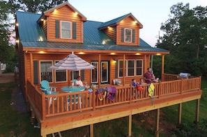 The cabin has a huge deck facing the lake. This angle shows how big the deck is.