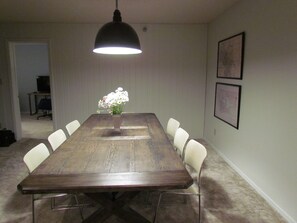 Rustic modern dining table and decor, seats 8! 