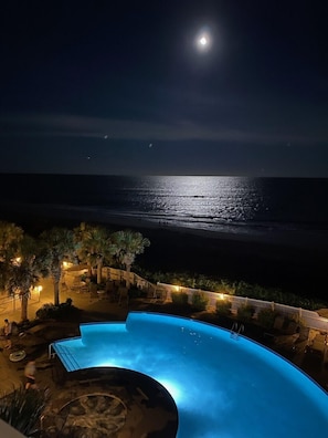 View from our deck. The moon is spectacular across the water.