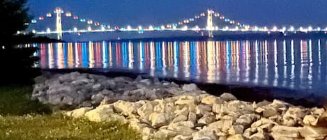 Mackinac Bridge at night from backyard 