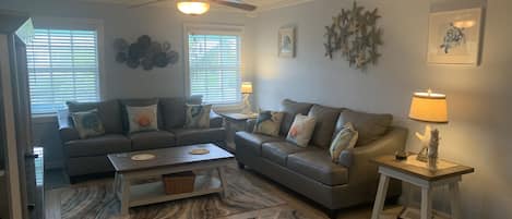 Living room leather couches and tables