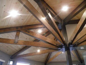 WOW! Unique octagonal ceiling with exposed wood beams and tongue & groove.