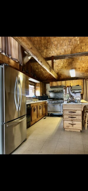 Galley style kitchen w/ industrial gas stove, dishwasher & large refrigerator. 