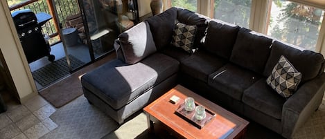 Living room with freestanding fireplace.