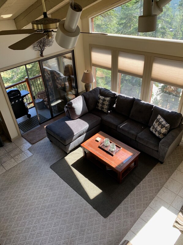 Living room with freestanding fireplace.