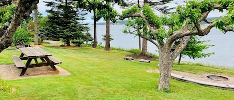 Waterfront location with picnic table and firepit