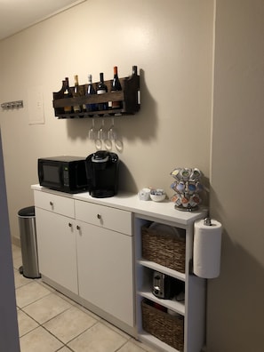 Coffee bar fully stocked. And there's always a bottle of wine to enjoy.