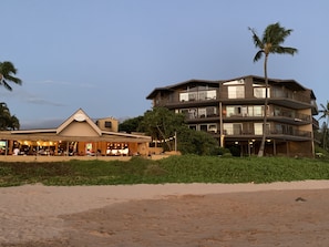 Our unit is in the building to the right, restaurant on the left, EPIC  beach