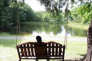 relaxing - swing overlooking the pond -now I am on Vacation
