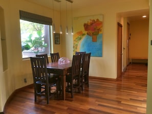 The dining room table expands to accommodate up to 8 people
