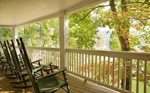 Deck with rocking chairs.