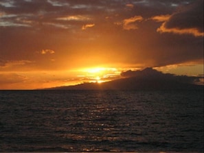 A typical sunset over the island of Lana'i.  Taken on our lanai. 