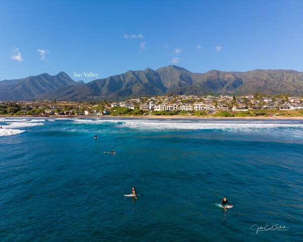 Drone view from ocean -- arrow points to cottage roof. 