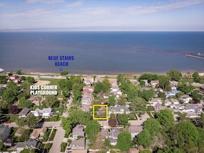 Blue Stairs Beach is one block away; Kids' Corner playground is one house away