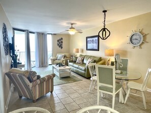 Living room has a great view out to the ocean.