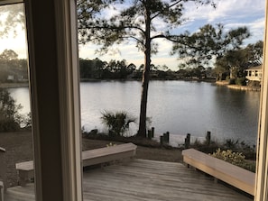 Center deck - photo taken at dusk - new outdoor lounge chairs coming the week