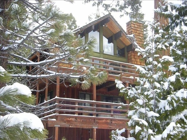 downhill looking up at cabin