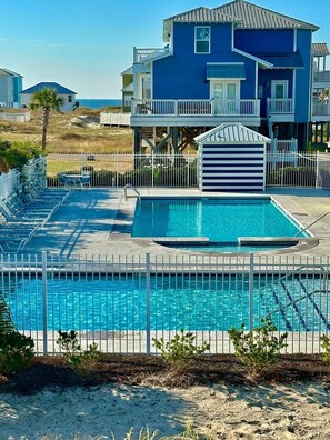 2 beautiful saline pools right off the master deck. 25 steps from the house. 