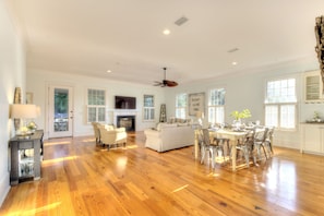 Large open floor plan - our dining table seats 8, and there is a comfortable, casual family room equipped with a 55" flat screen TV.