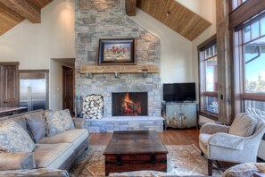 Wood burning fireplace makes for a cozy place to hang out