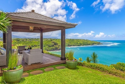Breathtaking views of the beautiful blue sea from the private backyard oasis.
