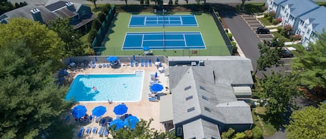 Ariel View of the Largest of our 3 Pools, Tennis Courts, and Clubhouse