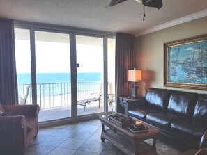 living area and view of beach