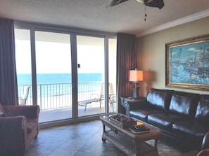 living area and view of beach