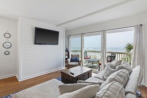 Coastal design living room with lots of space.