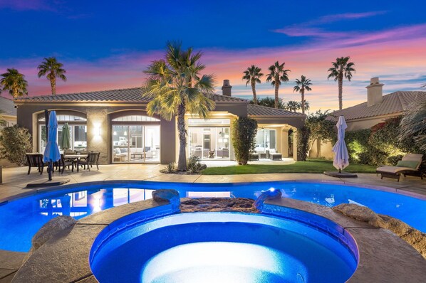 LED lighting in the salt water pool/spa makes for a beautiful evening 