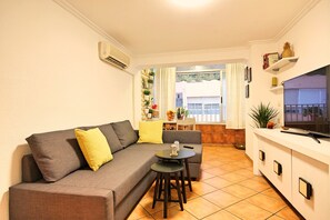 Good sized, cozy living room with unique details