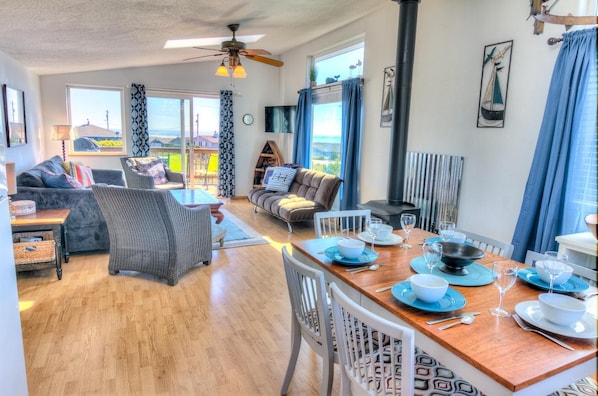 The dining is open to the kitchen and the living area.