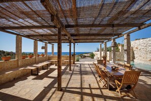 closed yard in front of the house with garden and seaview