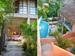 Living room view and pool with stair details