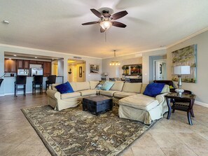 View of the living room and kitchen.
