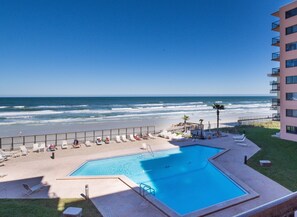 Views of the beach and the pool.