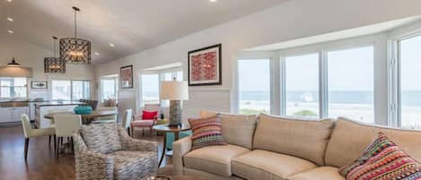 Upstairs is the living area, dining table and kitchen.  The reverse floor plan gives you a wonderful ocean view!