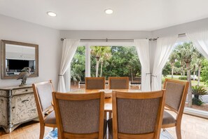 The dining table seats six