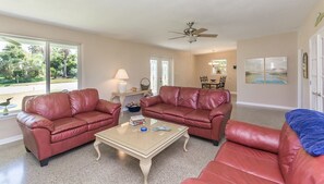 Beautiful new leather couched in the living area.