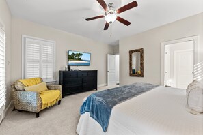 The large wall mounted HDTV is great for viewing shows.