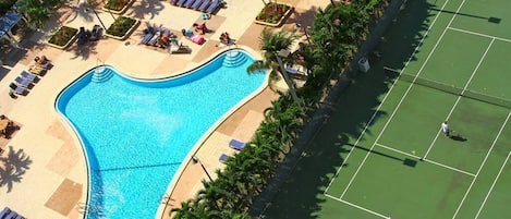 VIEW FROM OUR BALCONY OF POOL AND TENNIS COURT