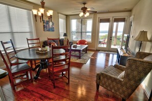 Walk into the living/dining space with that view of the lake and hills