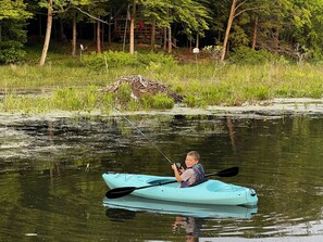 Our son loves exploring the river, beavers den, and fishing from the kayak.
