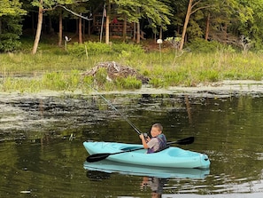 Our son loves exploring the river, beavers den, and fishing from the kayak.