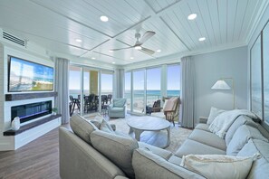 Stunning and recently remodeled living room with beautiful beachfront views!