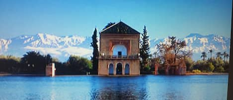 le jardin de la Ménara vue sur les montagnes de l'atlas.