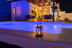 Nice terrace with outdoor furniture and private heated swimming pool.