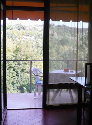 Balcony and wooded views.