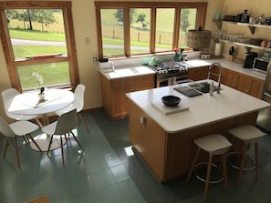 A sunny mod kitchen (fully stocked) with amazing views.